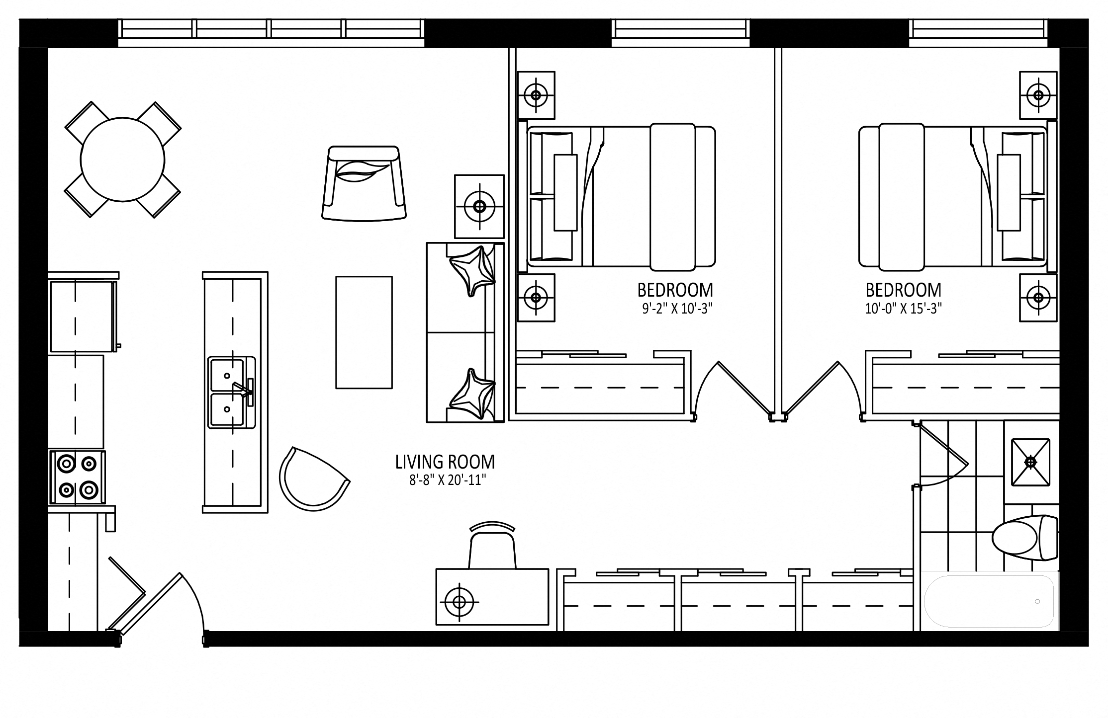 Floor plan for 2 beds, 1 bath, 850 sqft